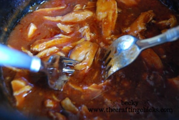 Pulling the chicken for easy crockpot chicken cacciatorie