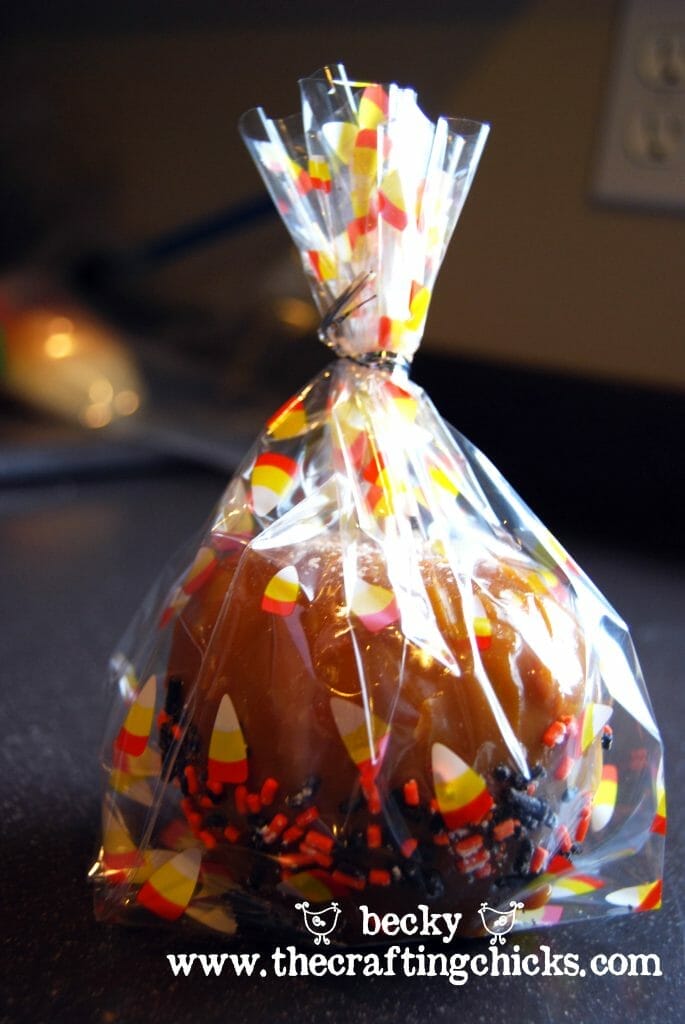 carmel apple in wrapping