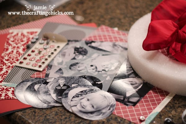 Black and white photos cut into circles with red and white scrapbook paper in the background.