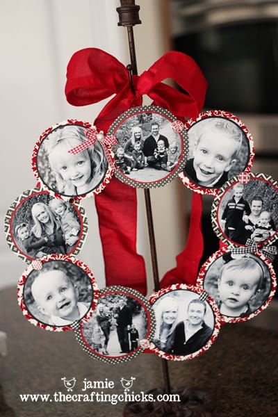 Black and white photos mounted on red and white scrapbook paper and made into a wreath, huge from a wreath holder.