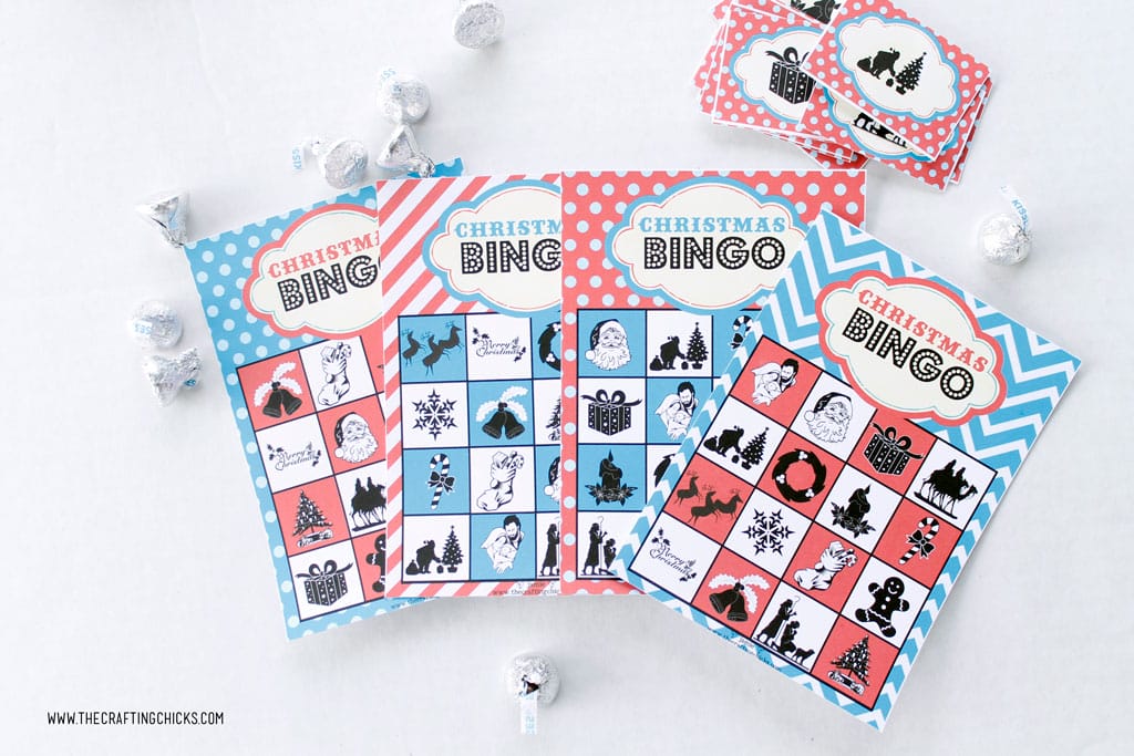 Free Printable Christmas Bingo Game set with Hershey Kisses.