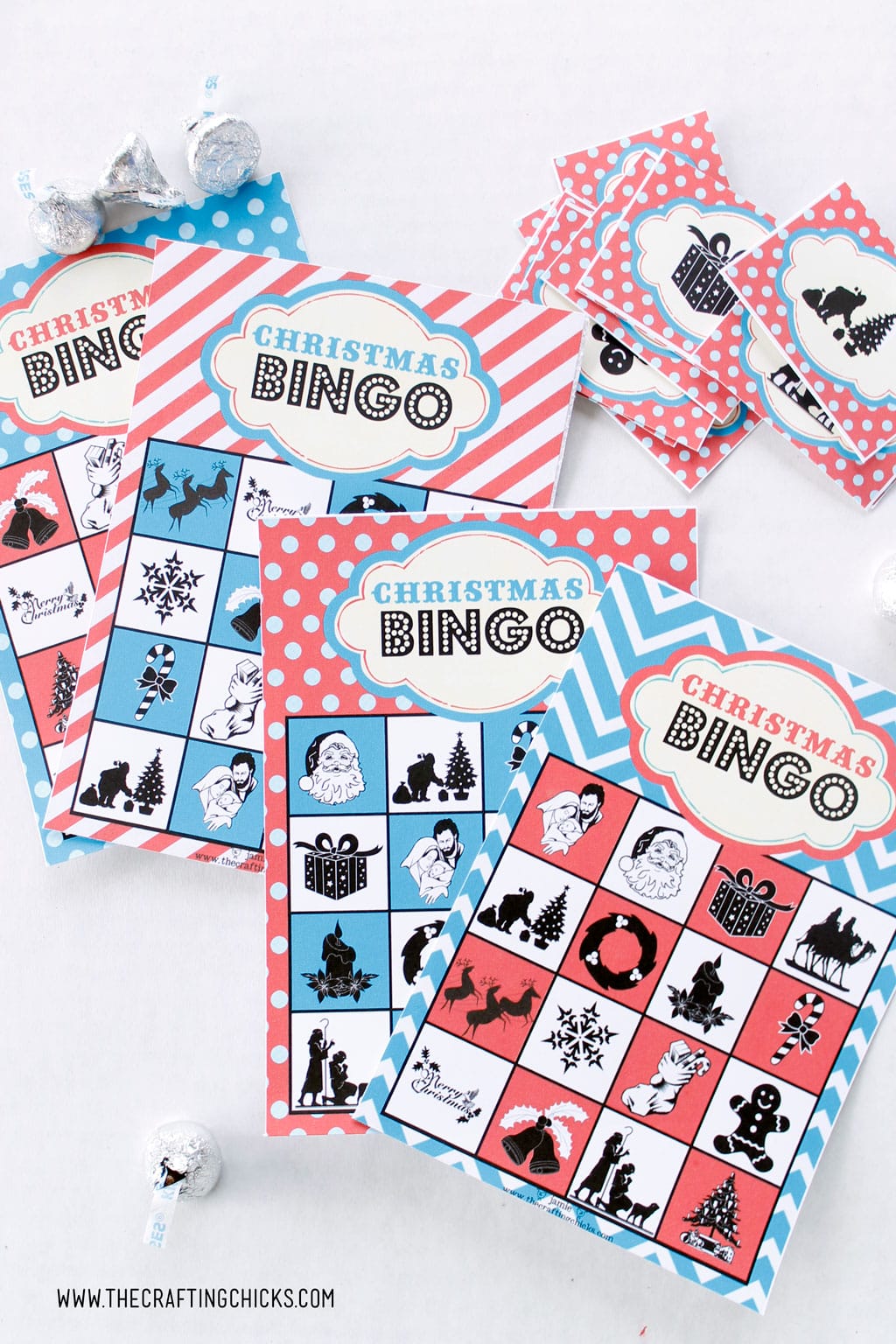 Free Printable Christmas Bingo Game set with Hershey Kisses.