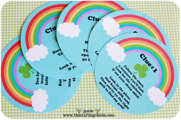 St. Patrick's Day Lucky Treasure Hunt clues printed on rainbow printables.