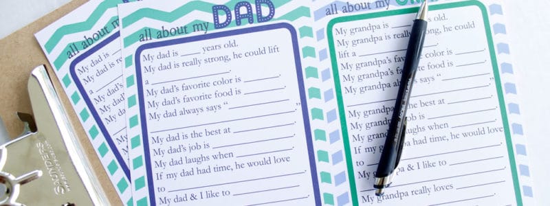 Dad and Grandpa Questionnaire for kids to fill out for Father's Day. Free Printable on clipboard with pen.