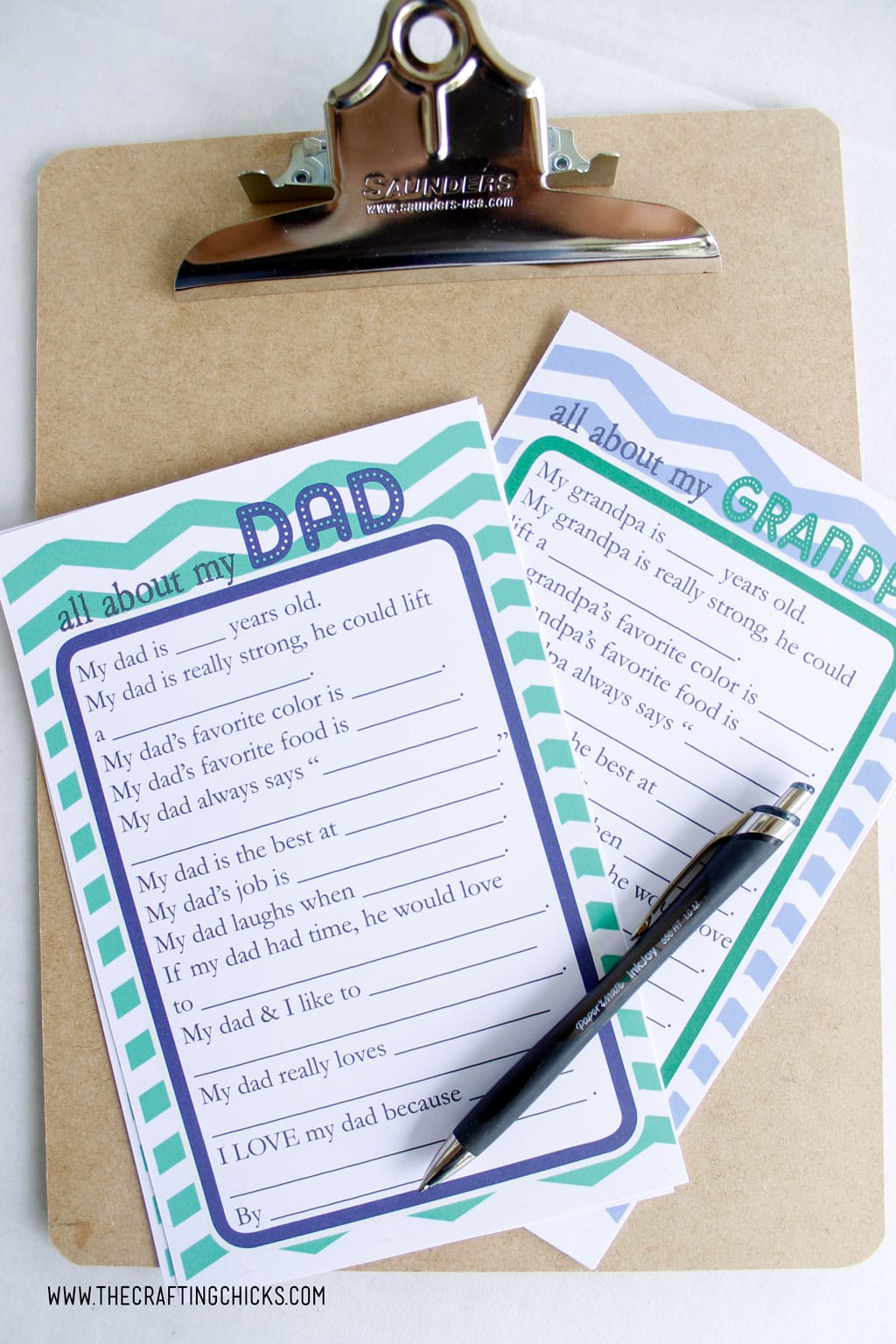 Dad and Grandpa Questionnaire for kids to fill out for Father's Day. Free Printable on clipboard with pen.