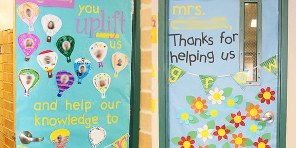 door decorating ideas for teacher appreciation week "You uplift us and help our knowledge to soar" and "thanks for helping us grow"