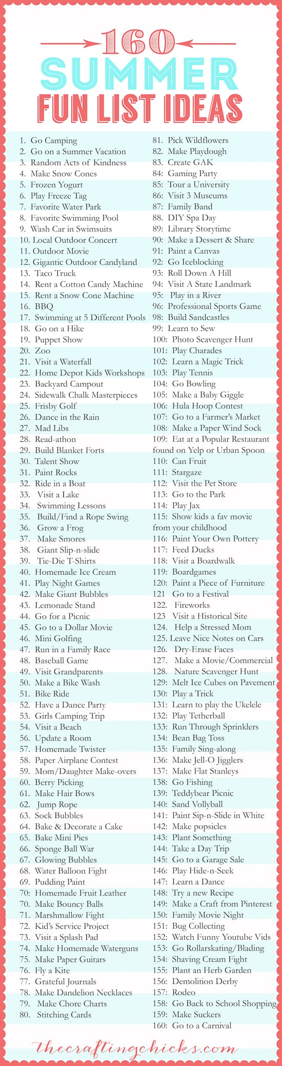 Summer Fun List of 160 ideas of activities to do with or without the kids this summer! Ideas range from FREE to just a little bit of spending money. Something for everyone on this list!