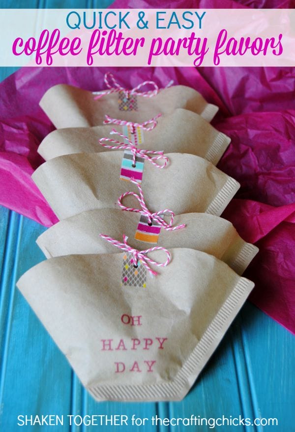 Super cute party favors made from coffee filters - love the washi tape and bakers twine!