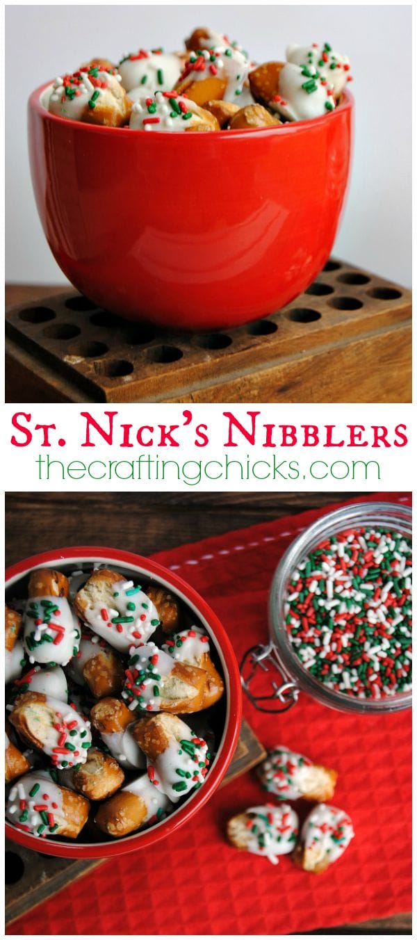 St. Nick's Nibblers - use sourdough pretzel bites for the easiest chocolate covered pretzels ever!  These make easy and delicious co-worker and neighbor gifts!