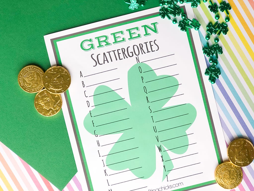 St. Patrick's Day GREEN Scattergories on a green and rainbow background