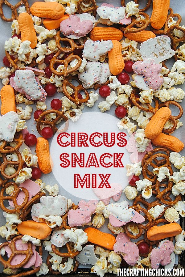 With a mix of circus themed treats, this Circus Snack Mix would be fun to take along on a trip to the circus, for a Dumbo movie day or a big top play date!