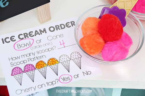 Ice Cream Order printable sheet for kids pretend ice cream shop