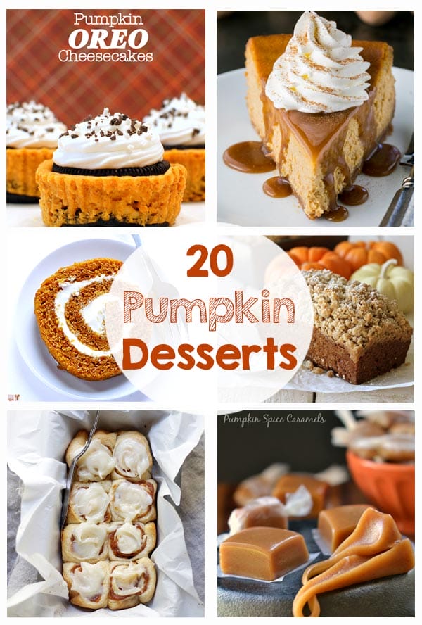 20 Yummy Pumpkin Desserts - cheesecake, cupcakes, bread, cinnamon rolls, caramel, ice cream, truffles, cookies, bars, cream pies... so many great recipes!