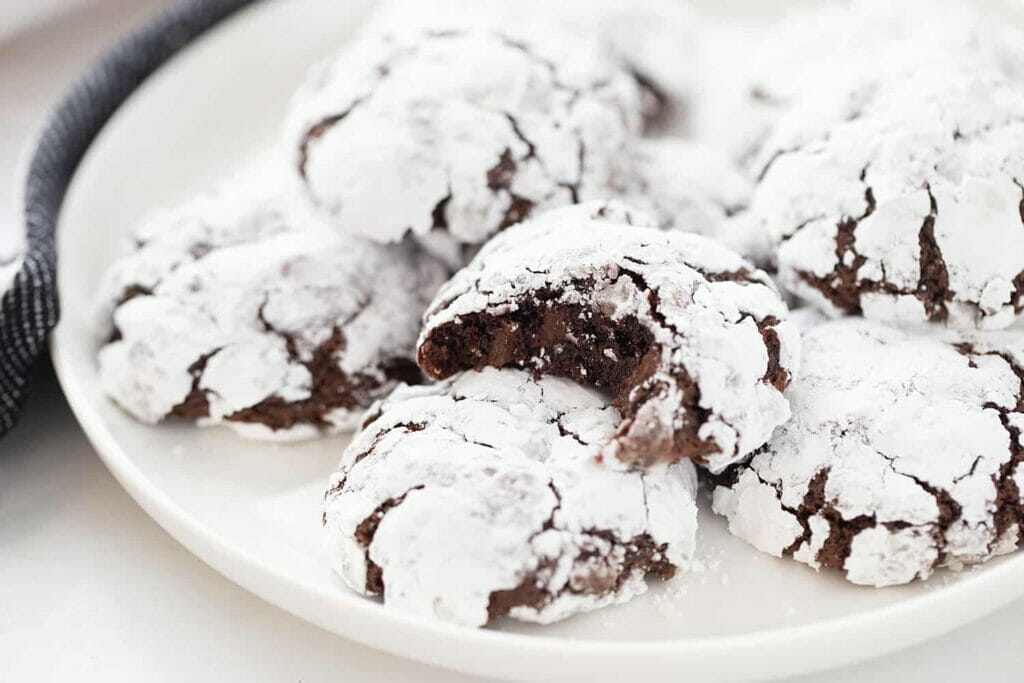Decadant Double Chocolate Crinkle Cookies on a white plate