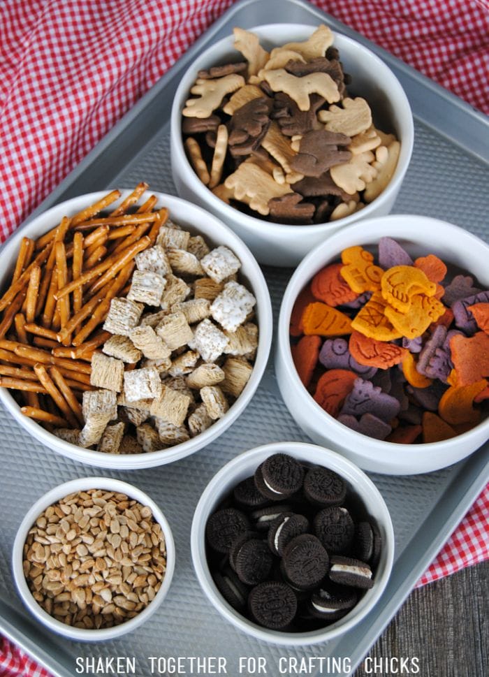 Now the fun part - the farm themed ingredients for our On the Farm Snack Mix!