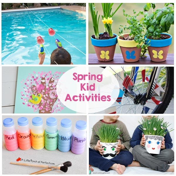 Spring Kid Activities - walking sticks, bird feeder, bubbles, sidewalk chalk paint, crafts, windsock, water games, and so much more! 