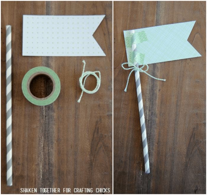 A few basic craft supplies make a paper flag to tuck in our Mint Themed Teacher gift!