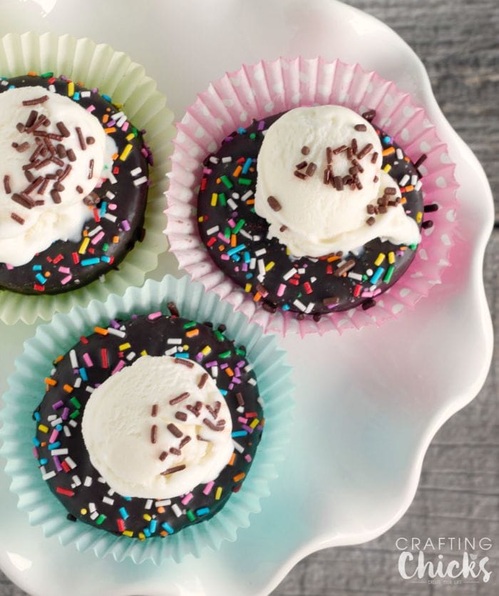 Colorful cupcake papers are the easiest (and most adorable) way to serve our Mini Donut Ice Cream Sundaes!