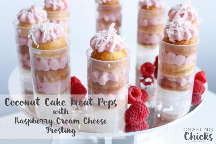 Coconut Cake Treat Pops with Raspberry Cream Cheese Frosting