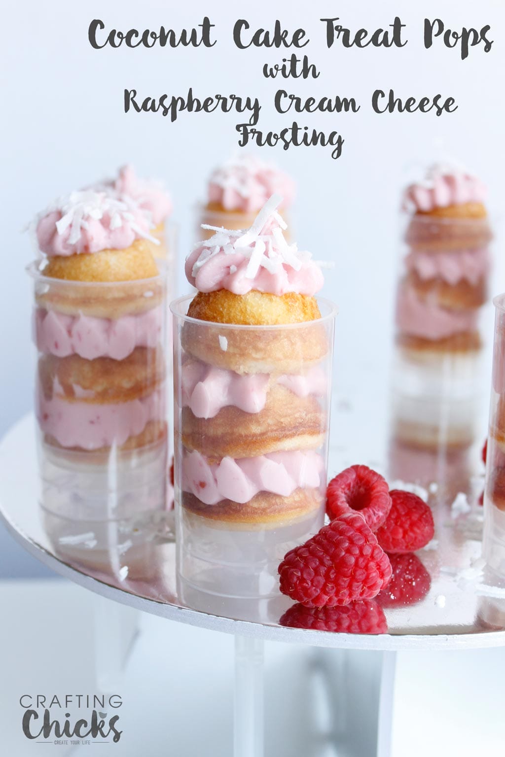 Coconut Cake Treat Pops with Raspberry Cream Cheese Frosting