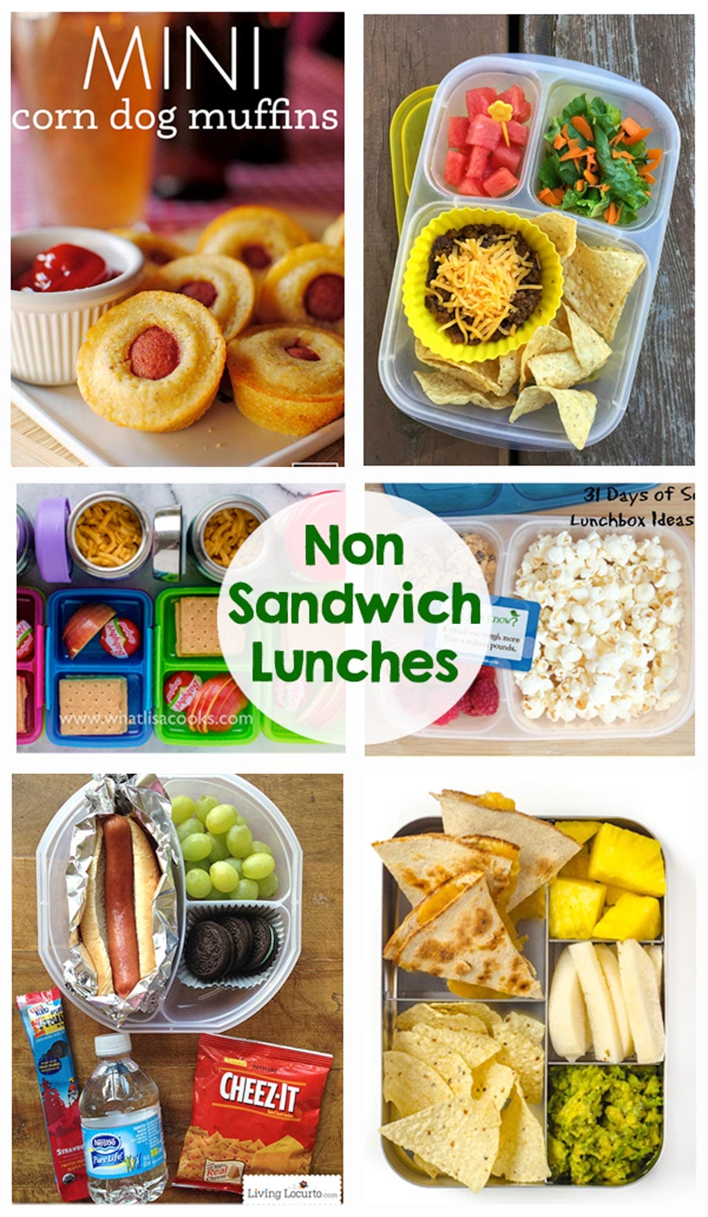 Non Sandwich Lunch Ideas - So many great school lunch ideas in this post! Hot dogs, quesadillas, mini corn dogs, mac and cheese, taco salad... yum!