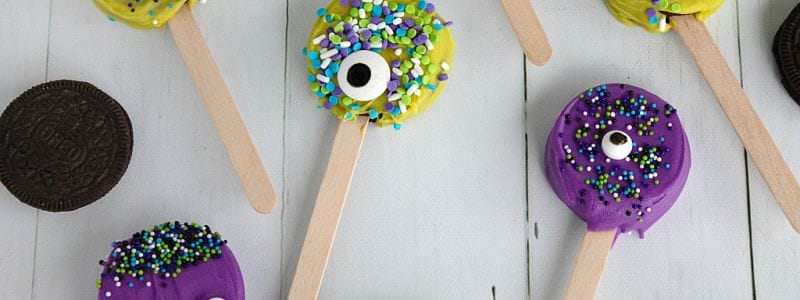 Kids can help with every step of these easy no-bake Monster Face Oreo Pops!
