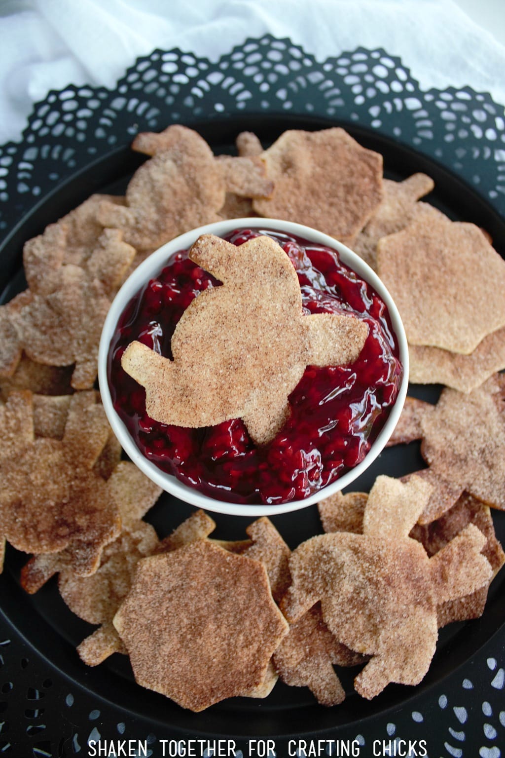 Cinnamon Sugar Spider Chips are delightfully dunkable - especially into raspberry 'guts'!