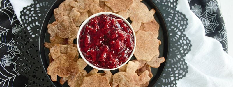 Cinnamon Sugar Spider Chips with tangy Raspberry Guts are a delicious spooky Halloween treat!