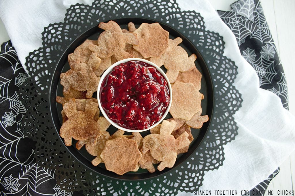 Cinnamon Sugar Spider Chips with tangy Raspberry Guts are a delicious spooky Halloween treat!