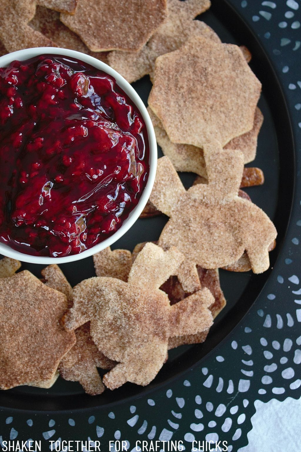 Cinnamon Sugar Spider Chips are perfect to dip in tangy red raspberry 'guts' (raspberry pie filling)!