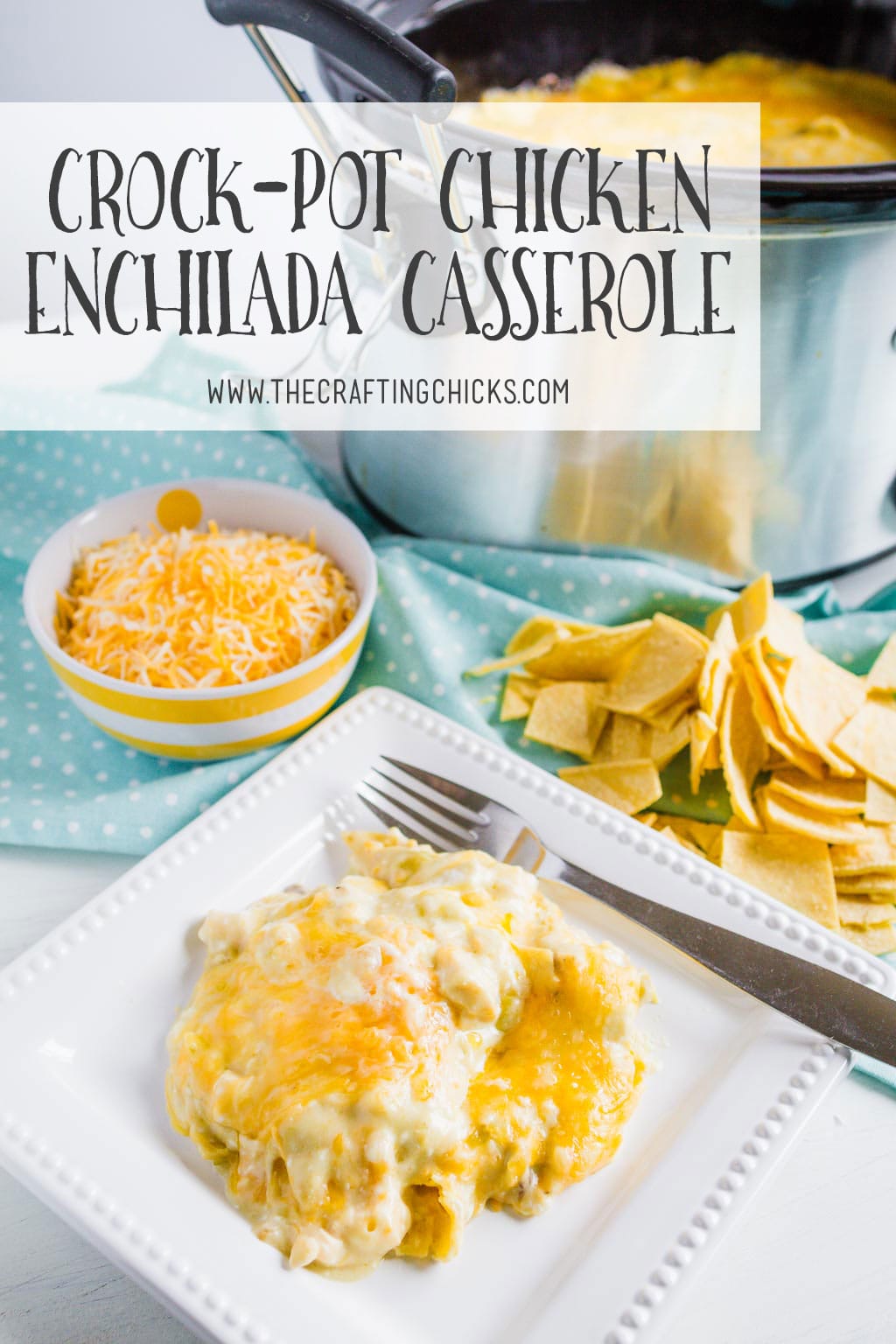 Crockpot Chicken Enchilada Casserole is easy but full of flavor. With green chilies and lots of cheese, this is a crowd pleaser that can feed a crowd.