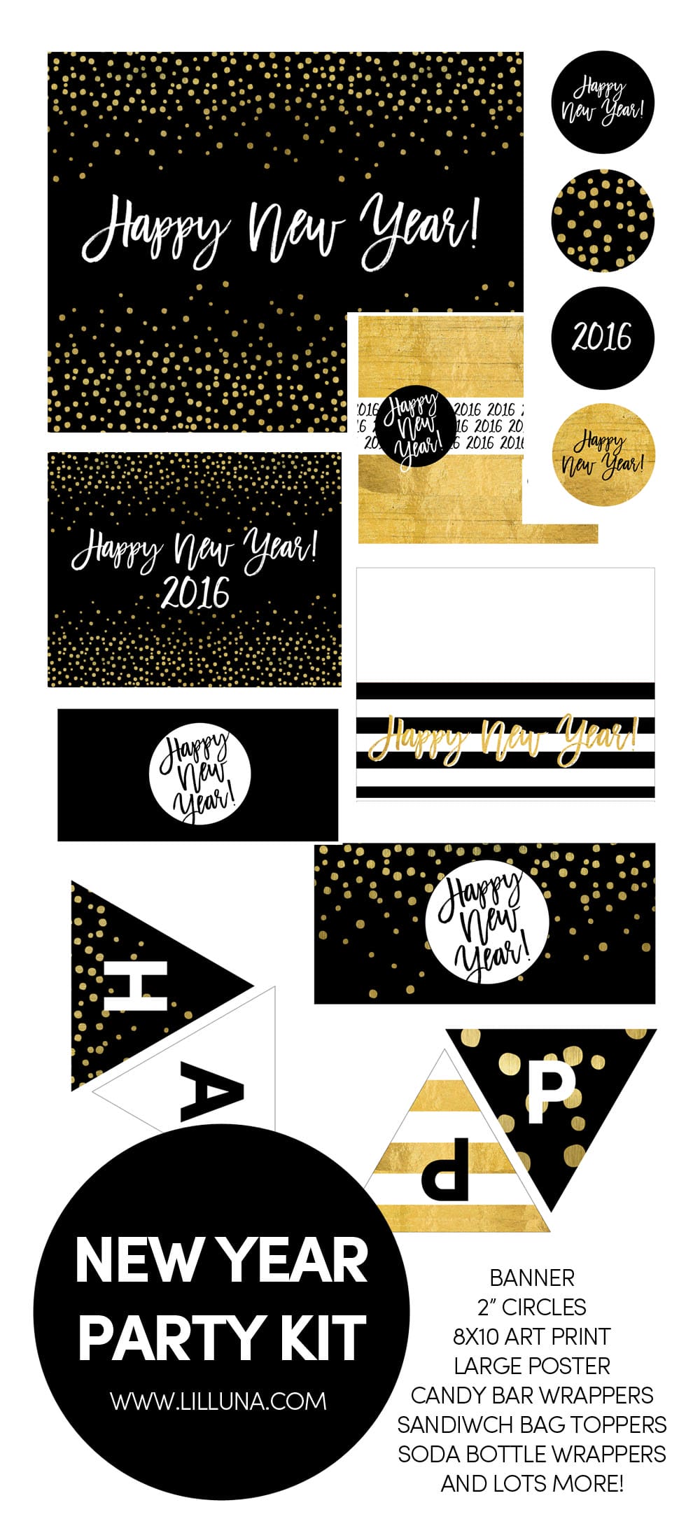 New Year's Printables - Party favors, decorations, party hats, coloring pages, New Year's gifts, countdown, year in review, and resolution printables