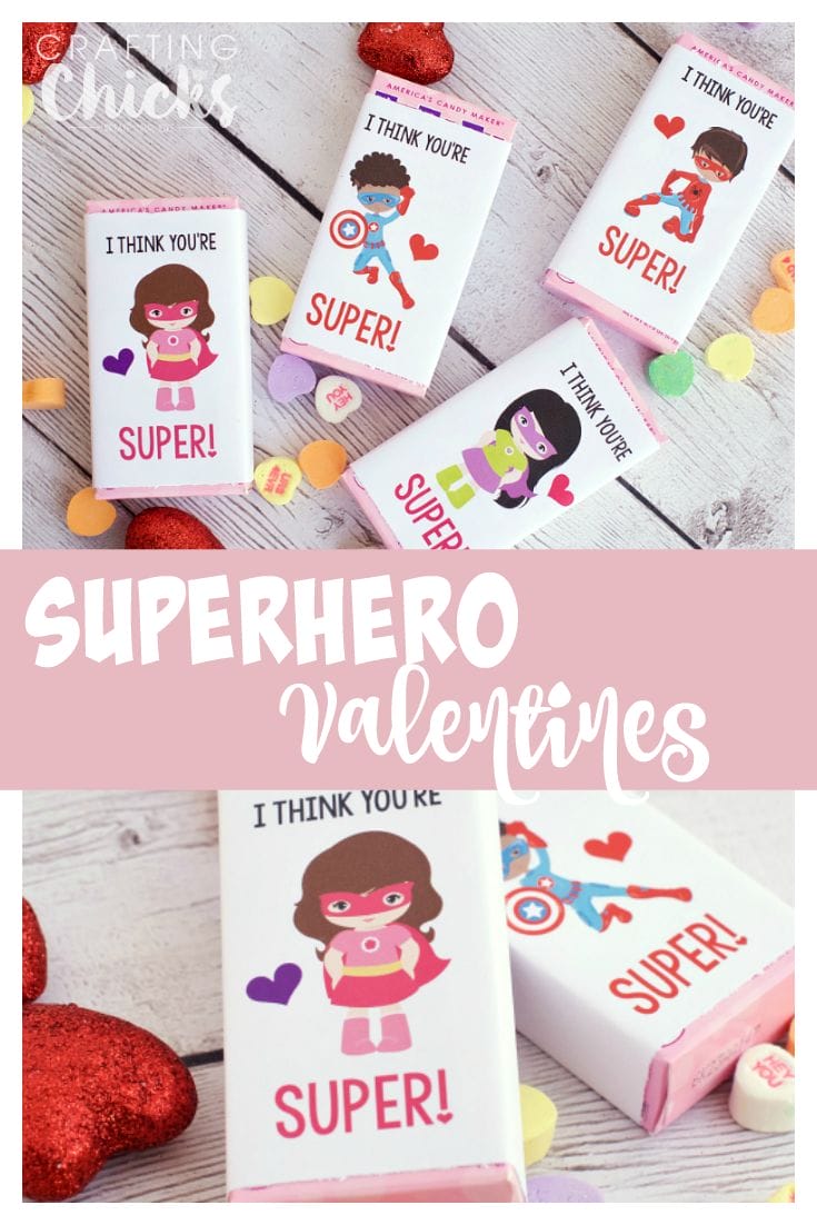 Kids dressed as superheros attached to a valentine candy for a valentine treat.