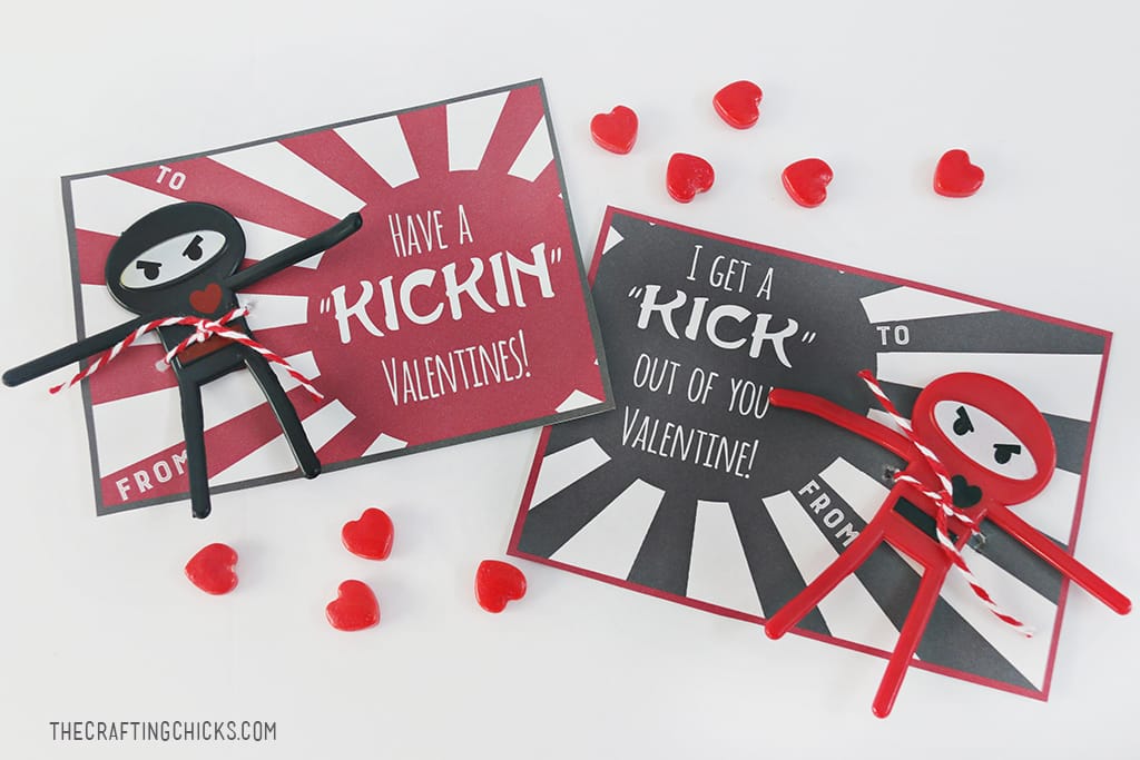 Ninja Valentine Printable - Non candy class Valentine - Just print, cut and attach the bendable ninja figurines with red and white baker's twine.