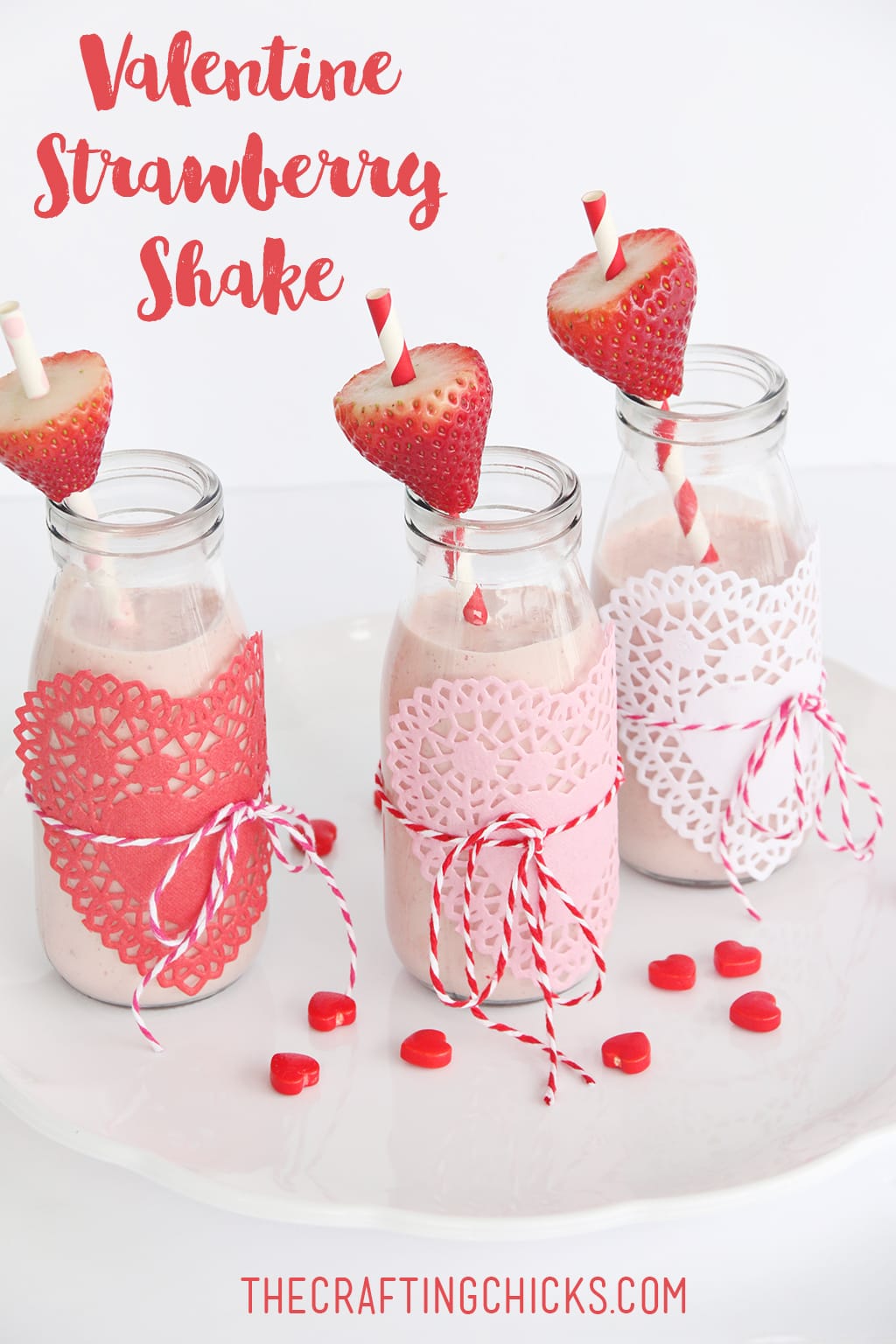 Valentine Strawberry Milk shakes on a white tray