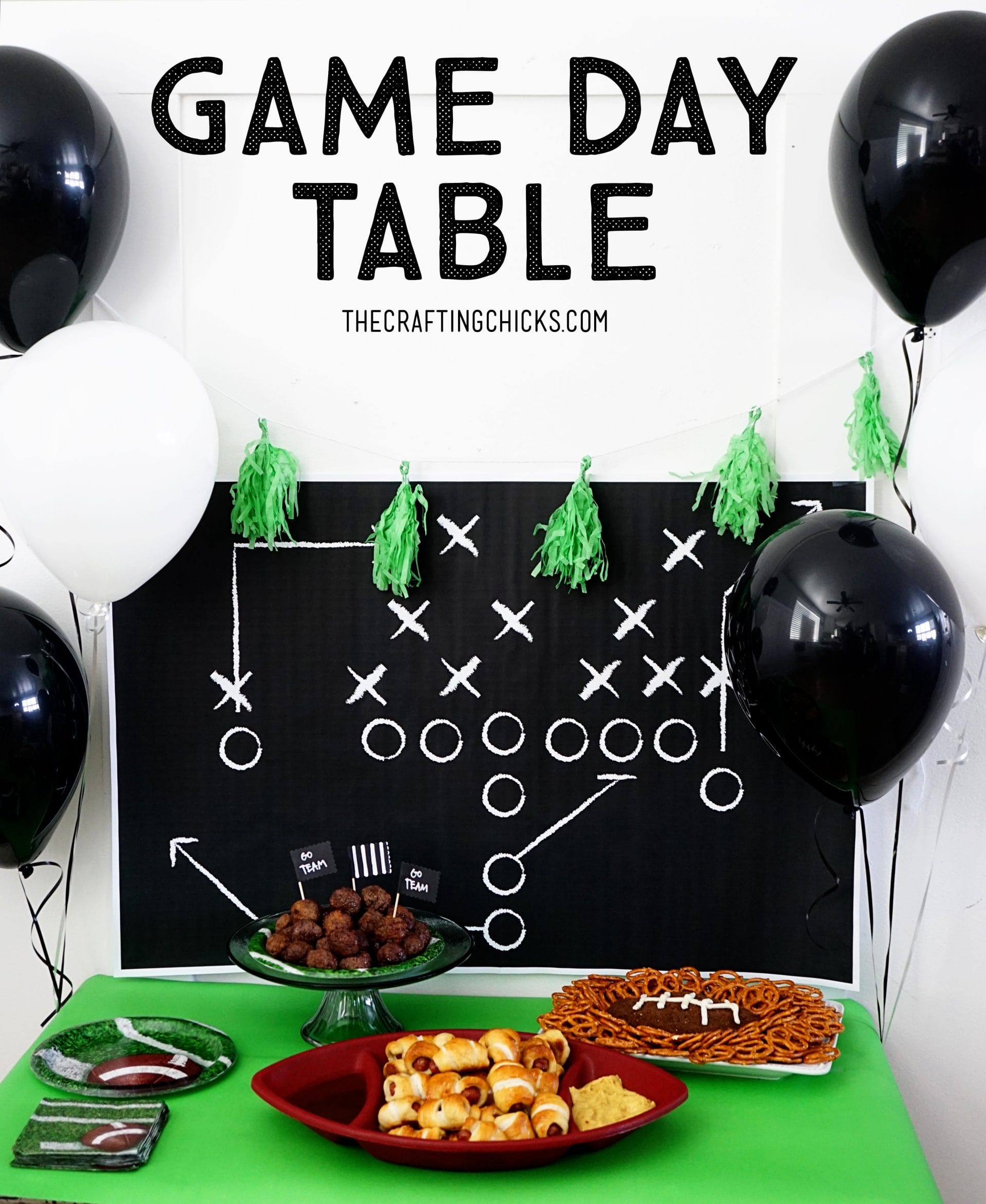 Game Day Table with a free football play backdrop download for the Superbowl.