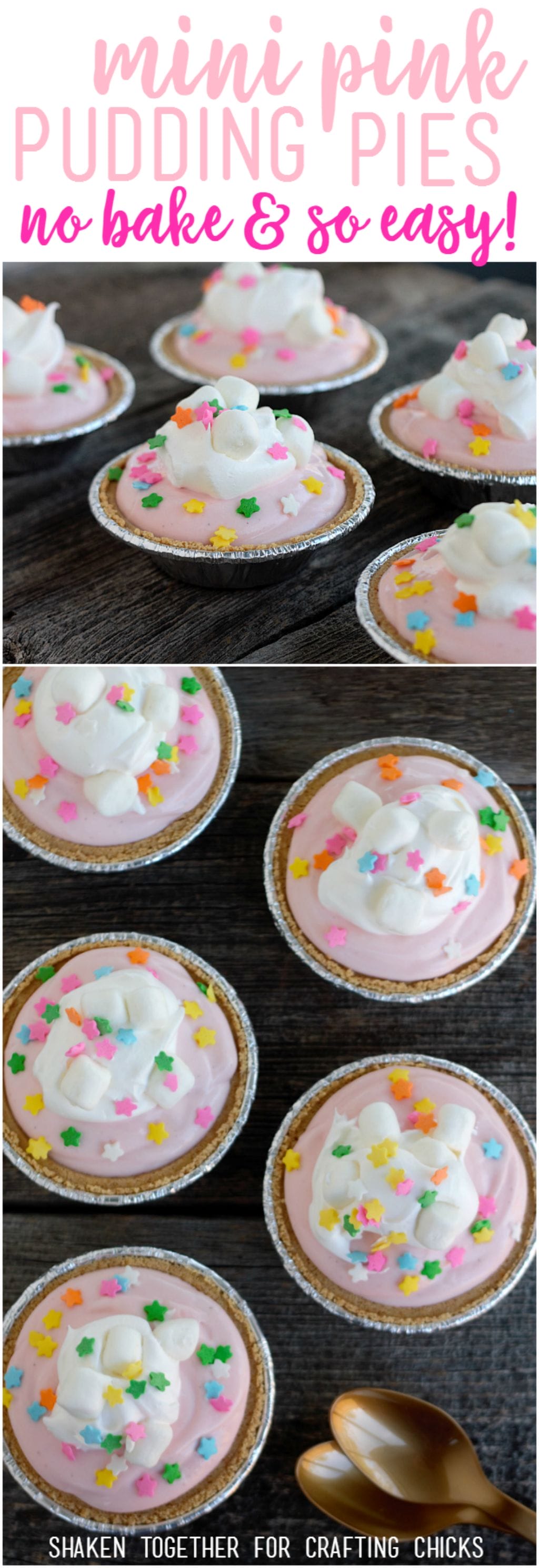 Mini Pink Pudding Pies are as easy as they are delicious! These no-bake strawberry flavored pies are topped with whipped cream, marshmallows & sprinkles!