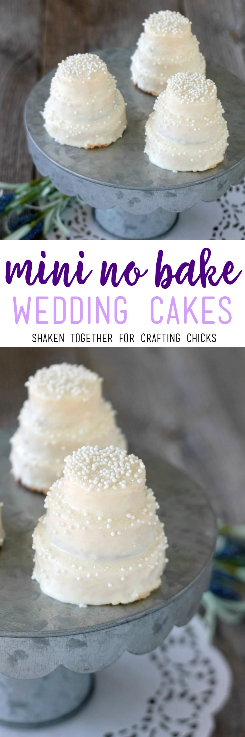 Mini No Bake Wedding Cakes - these sweet teeny tiered treats are perfect for a bridal shower, rehearsal dinner or wedding favor!