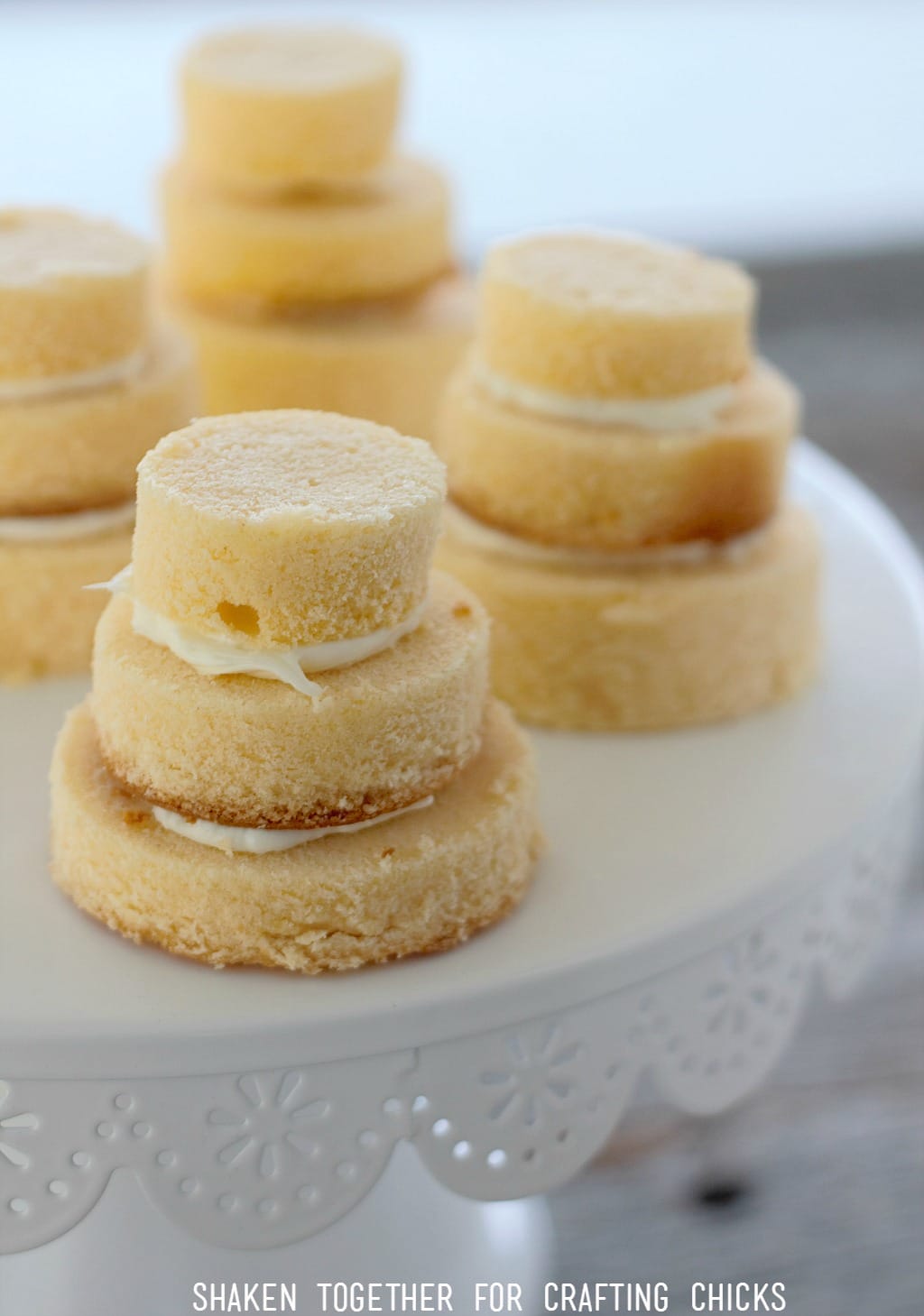 Tiers of pound cake are held together with vanilla frosting - these Mini No Bake Wedding Cakes are so easy!