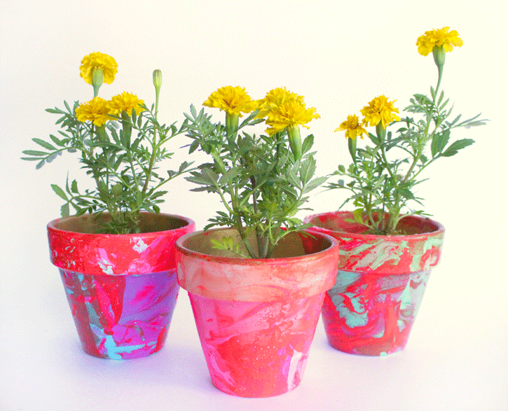 DIY Marbled planters made with dipping planters in nail polish, with flowers.