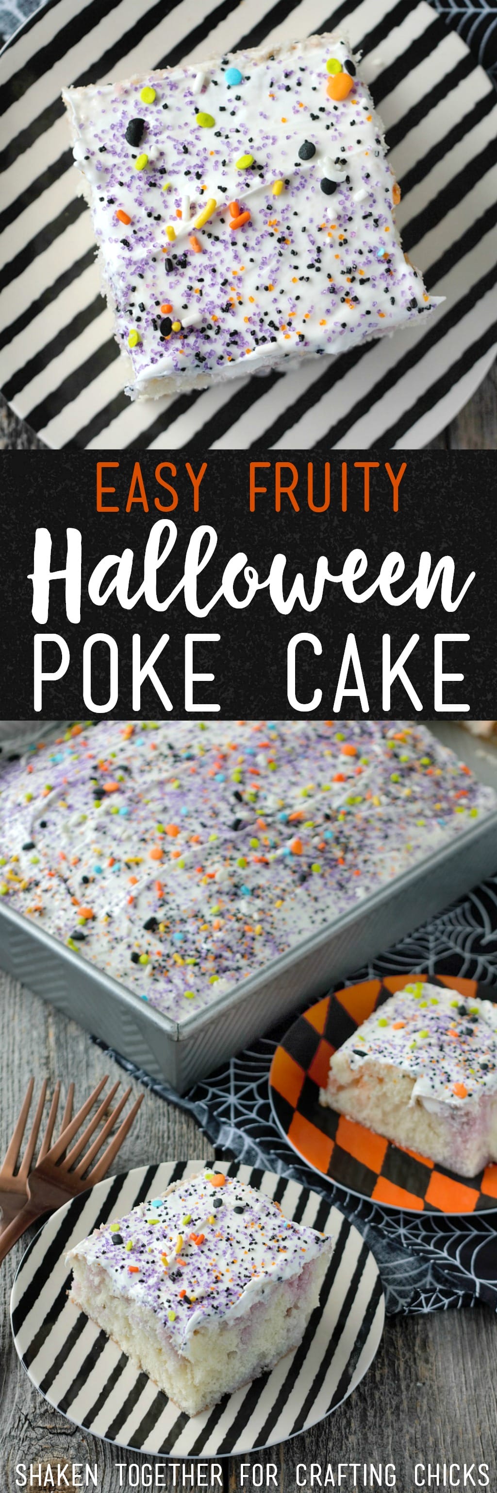 With fruity swirls of purple and orange in a soft white cake, this Easy Fruity Halloween Poke Cake is a spooky sweet treat!