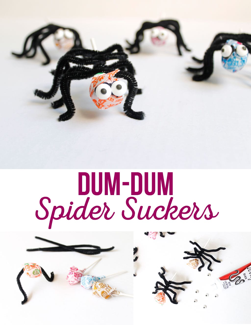 Dum-Dum Spider Suckers are a quick and easy treat for any Halloween party. A fun way clever way to be creative without spending tons of money.