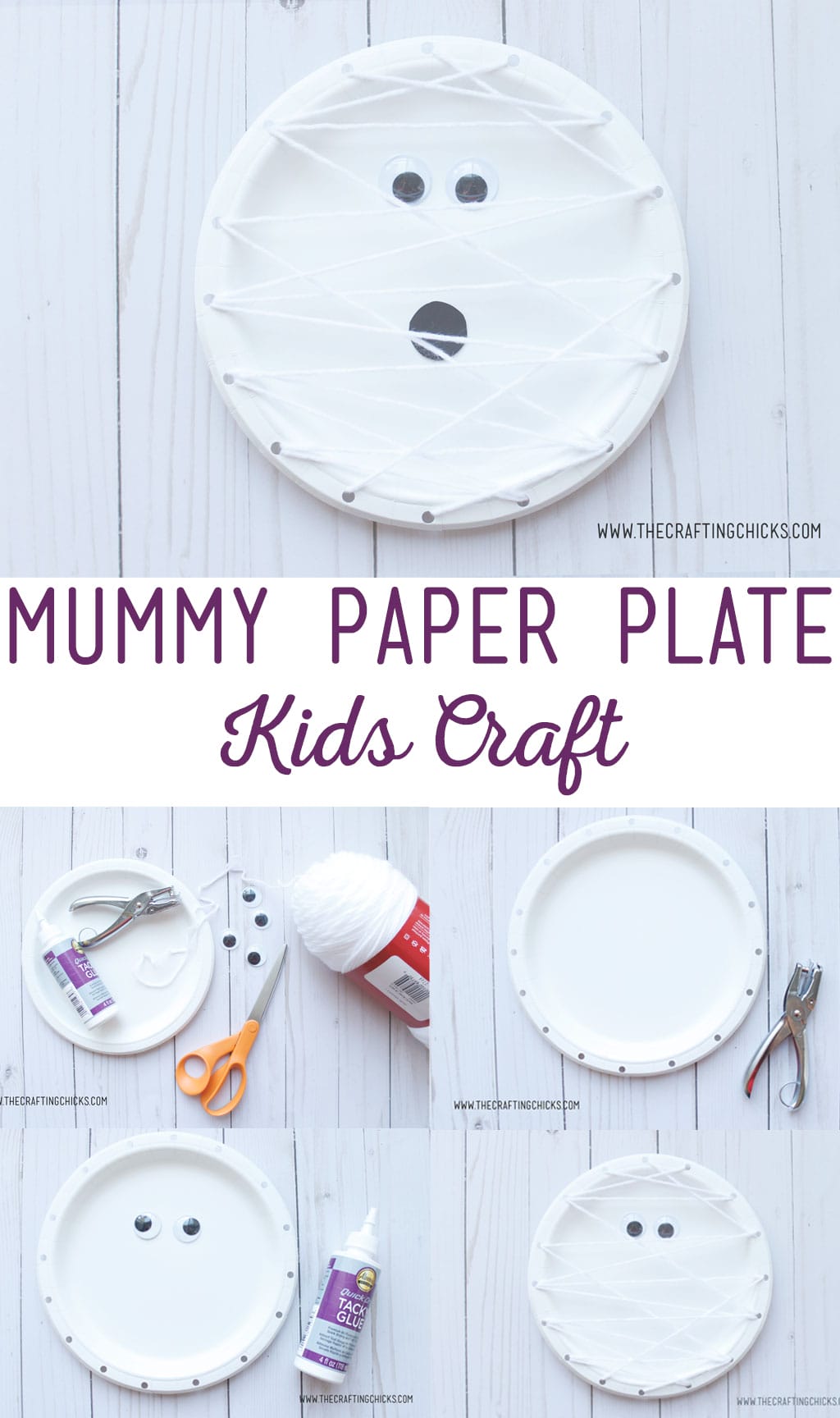Mummy Paper Plate Kids Craft is a great way for kids to learn how to weave with yarn. This easy craft is great for children of all ages, starting in preschool. #kidscrafts #kidspaperplatecraft #halloweenkidscraft