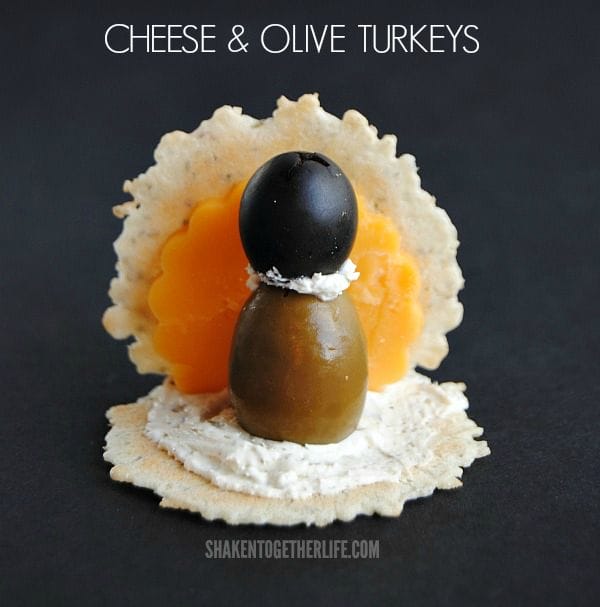 Cheese & Olive Turkeys - super cute Thanksgiving appetizers from Shaken Together!