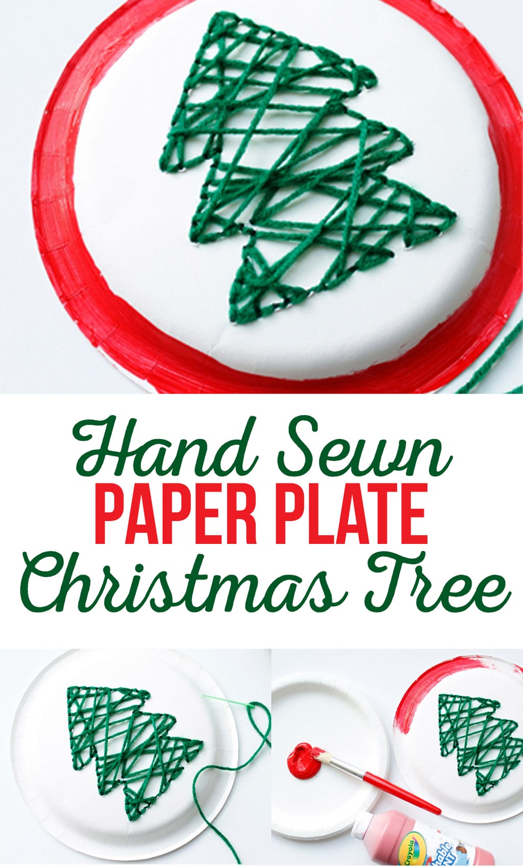 Hand-Sewn Paper Plate Christmas Tree Craft for kids.