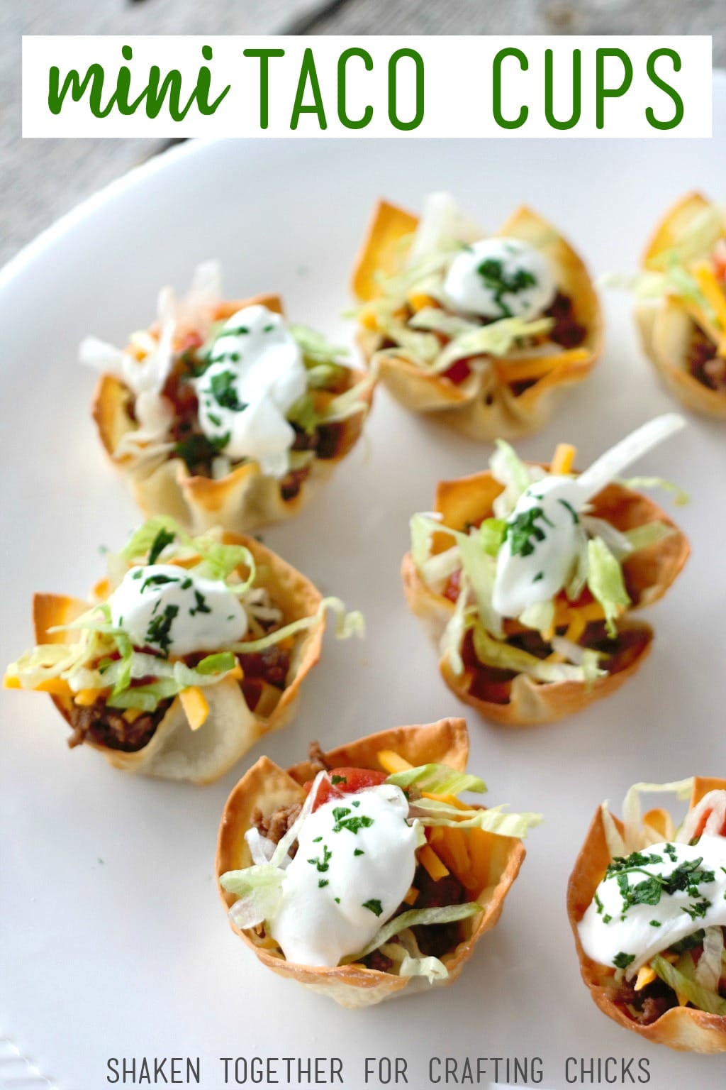 Mini Taco Cups are such an easy appetizer! Fill crispy wonton cups with meat, cheese and all of your favorite taco toppings! Great for New Years Eve or the big game!