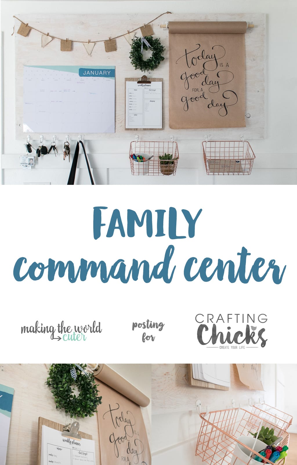 DIY Farmhouse Style Family Command Center with mounted kraft paper roll dispenser. Keep your family organized and all on the same page.