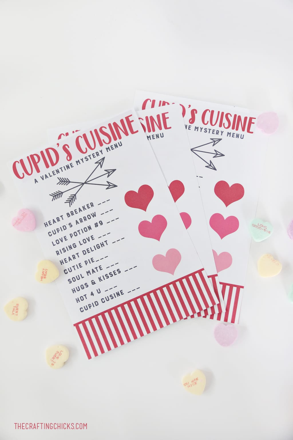 Cupid's Cuisine Valentine's Day Menu for a fun family Valentine's Day Dinner. Kids will love this fun Cupid Mystery Dinner Menu!
