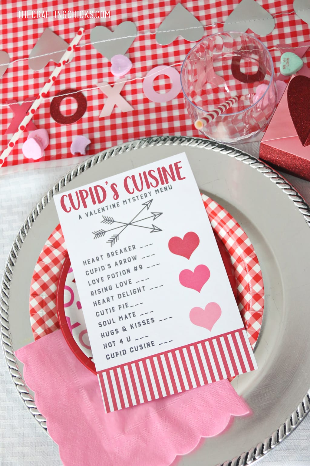 Cupid's Cuisine Valentine's Day Menu for a fun family Valentine's Day Dinner. Kids will love this fun Cupid Mystery Dinner Menu!