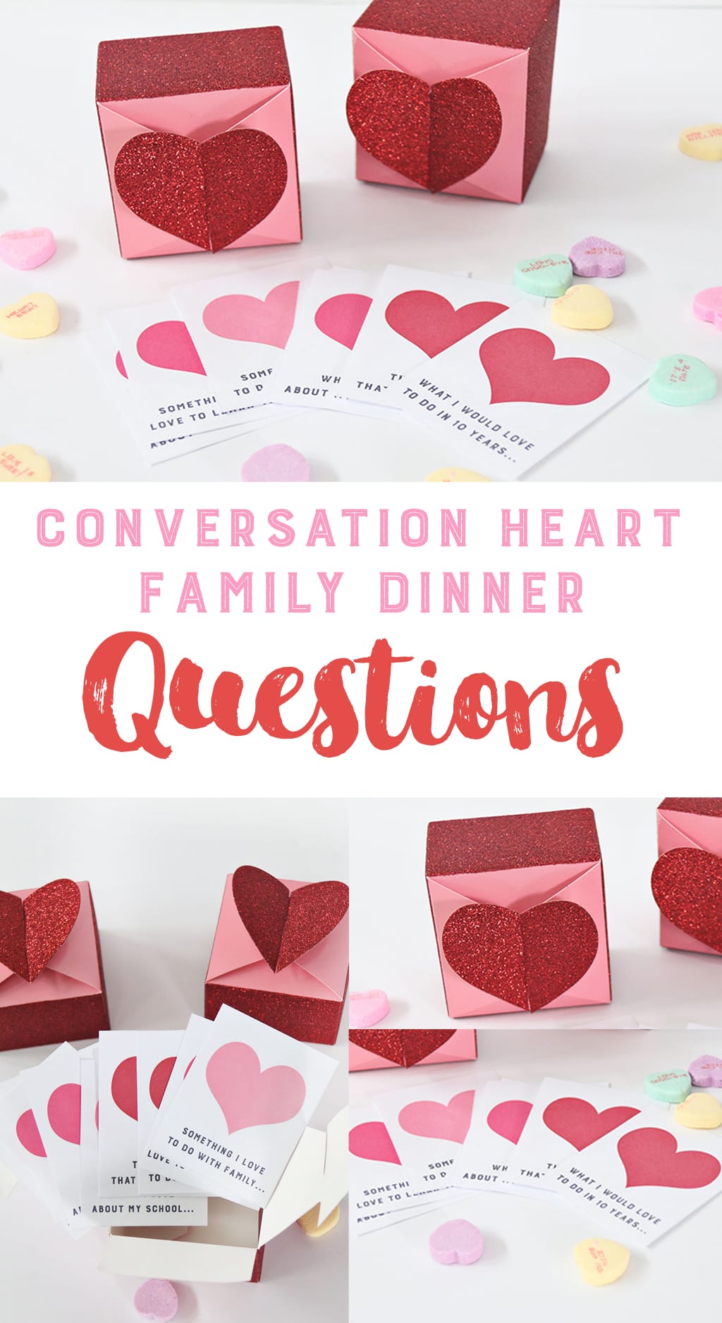 Conversation Heart Family Dinner Printable Questions | Get to know your family better this Valentine’s Day by asking LOVE questions. It’s so fun to hear what each family loves and hopes for…and to learn about their favorite things.